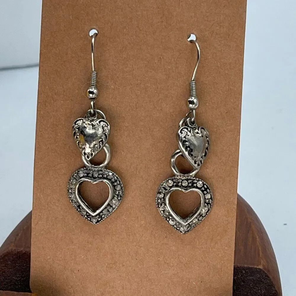 Vintage 925 double heart Marcasite pierced dangle earrings.
